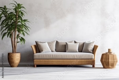  rattan furniture sofa and white wall in modern living room AI Generated © NikahGeh
