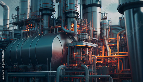 Close up industrial view oil refining equipment Ai generated image