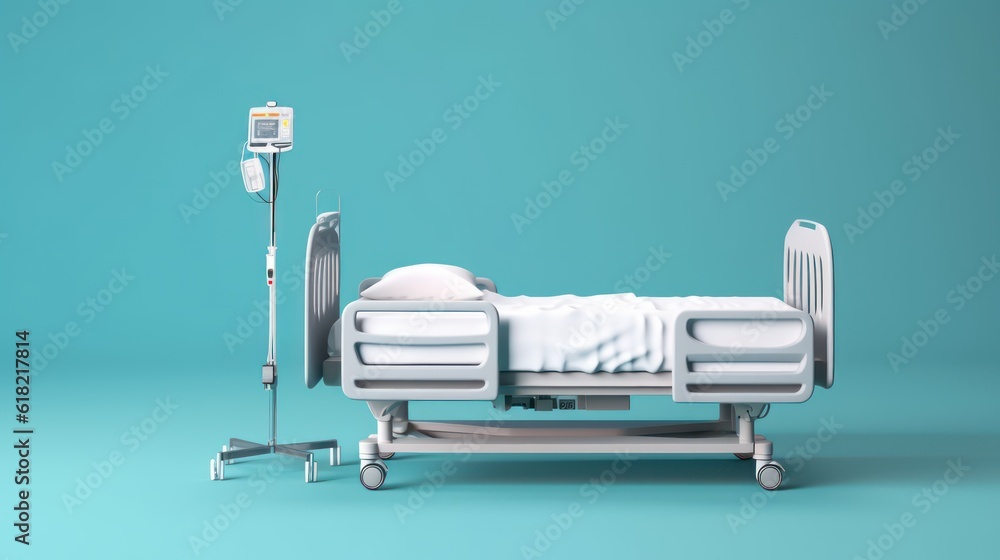 Front view of hospital bed isolated on blue background.Concept for insurance.3d rendering Front view of hospital bed isolated on blue background.Concept for insurance.3d rendering