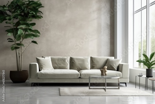  sage green leather sofa and white wall in modern living room AI Generated