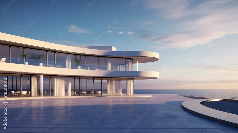 Front view of modern architecture with sea view background.3d rendering
