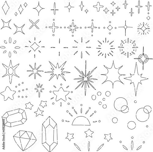 ダイヤや星の形のキラキライラスト破線線画セット