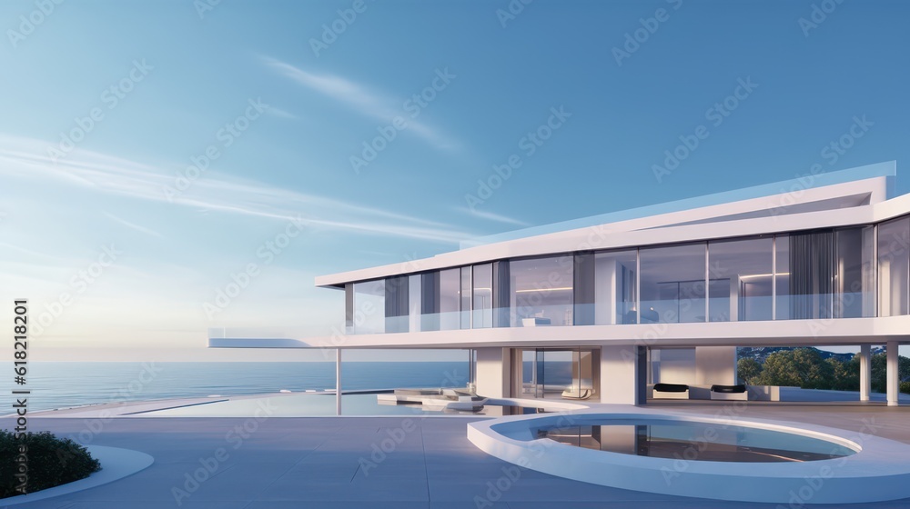 Fototapeta premium Front view of modern architecture with sea view background.3d rendering