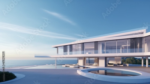 Front view of modern architecture with sea view background.3d rendering © Eli Berr