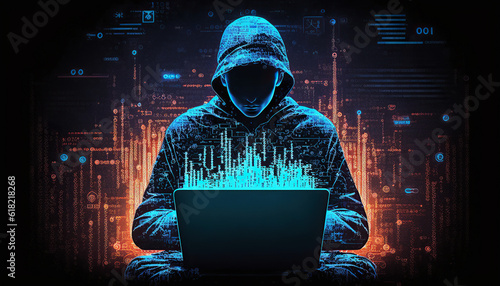 ai generated illustration computer hacker wearing hoodie at work