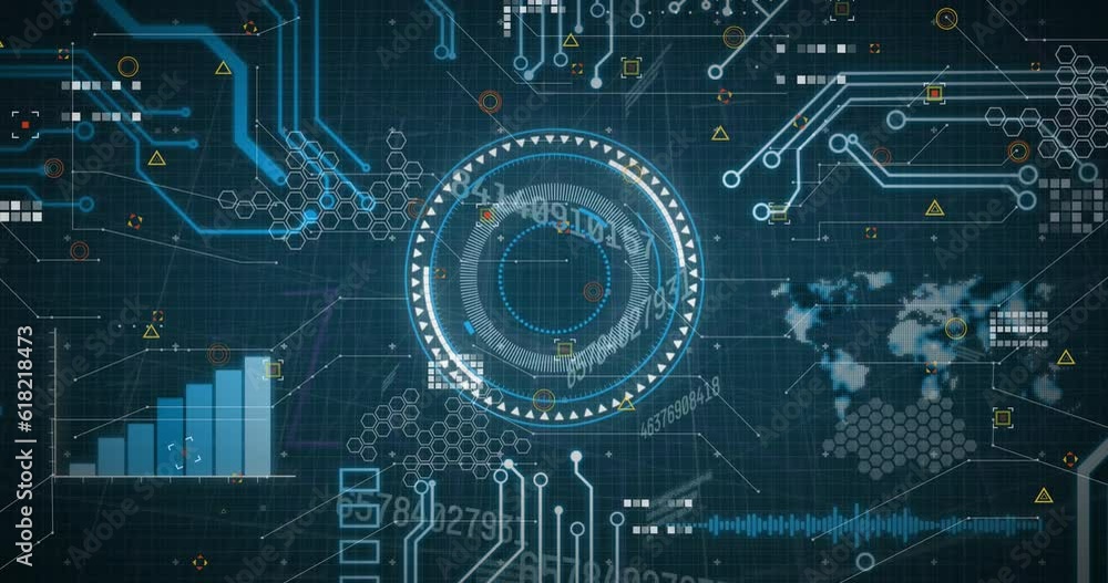 Animation of circles over graph, map and circuit board pattern against abstract background Animation of circles over graph, map and circuit board pattern against abstract background