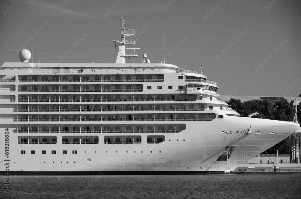 Luxury Silver sea cruiseship cruise ship liner yacht Spirit arrival into port of Cartagena de Colombia cruise terminal with skyline in background