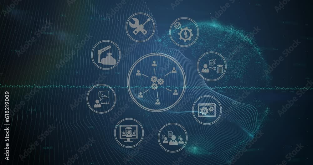 Animation of icon in circles over graph and wave pattern against globe in background Animation of icon in circles over graph and wave pattern against globe in background