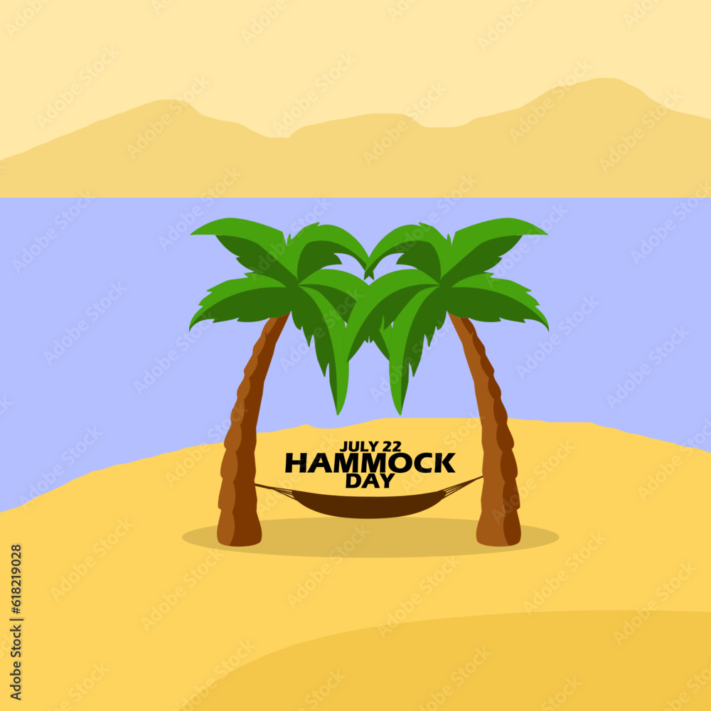 A hammock set between two palm trees on the beach with ocean and mountain views with bold text to celebrate National Hammock Day on July 22