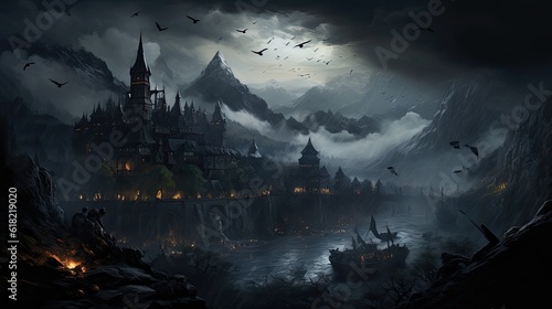 Dark mountainous landscape  dracula s castle in background with bats