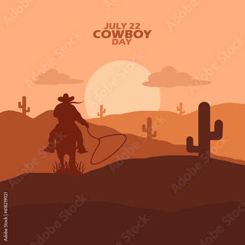 A horse rider or commonly known as a cowboy rides through a barren landscape with cactus trees and the sun at sunset to commemorate the National Cowboy on July 22