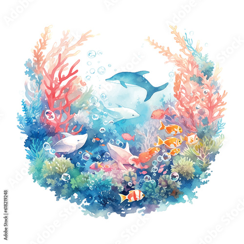 Beautiful colorful underwater world watercolor deep white background for print design.