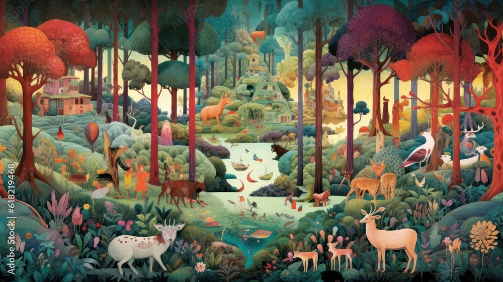 Depict a whimsical forest filled with enchanted trees, talking animals, and hidden magical beings Depict a whimsical forest filled with enchanted trees, talking animals, and hidden magical beings