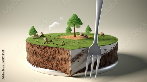 Land piece of cake with fork and plate.Concept for land investments.3d rendering