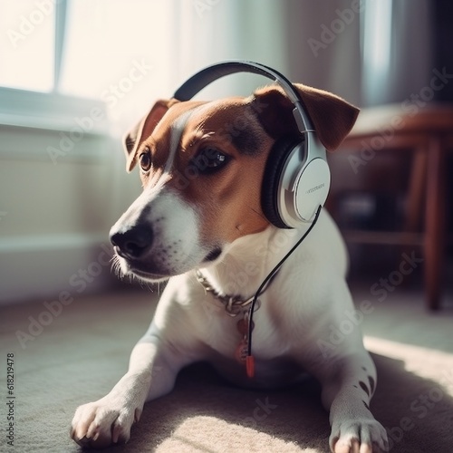 Cute dog listening to music with headphones. generative ai © Yulia