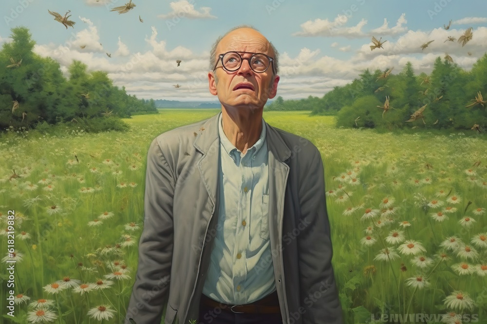 Generative AI man standing in a picturesque meadow, surrounded by lush green grass, but his serene expression is marred by his discontent as a cloud of bothersome mosquitoes hovers around him