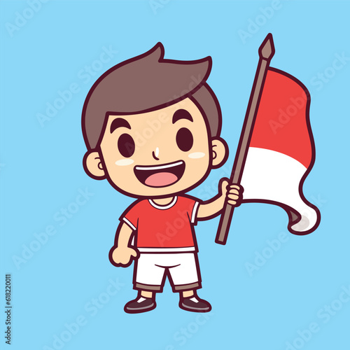 Celebrate Indonesia's Independence Day with a cute boy holding the Indonesian flag. Vector cartoon illustration for 17 August concept design.