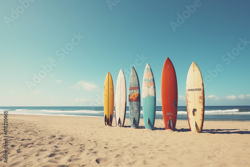 Surfboards on the beach with blue sky, vintage filter effect. By Generative AI.