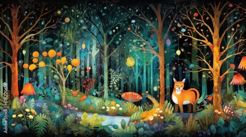 Depict a whimsical forest filled with enchanted trees  talking animals  and hidden magical beings