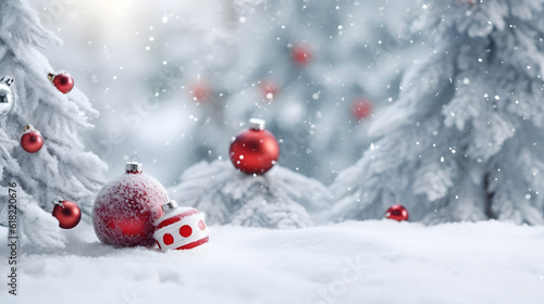 Christmas and New Year background with red balls and fir trees in snow