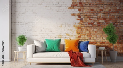 Living room in modern style with white sofa and colourful pillows and old brick wall background.3d rendering