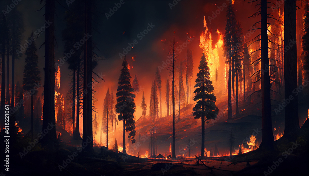 Forest fire many acres of pine trees burn down Ai generated image Forest fire many acres of pine trees burn down Ai generated image