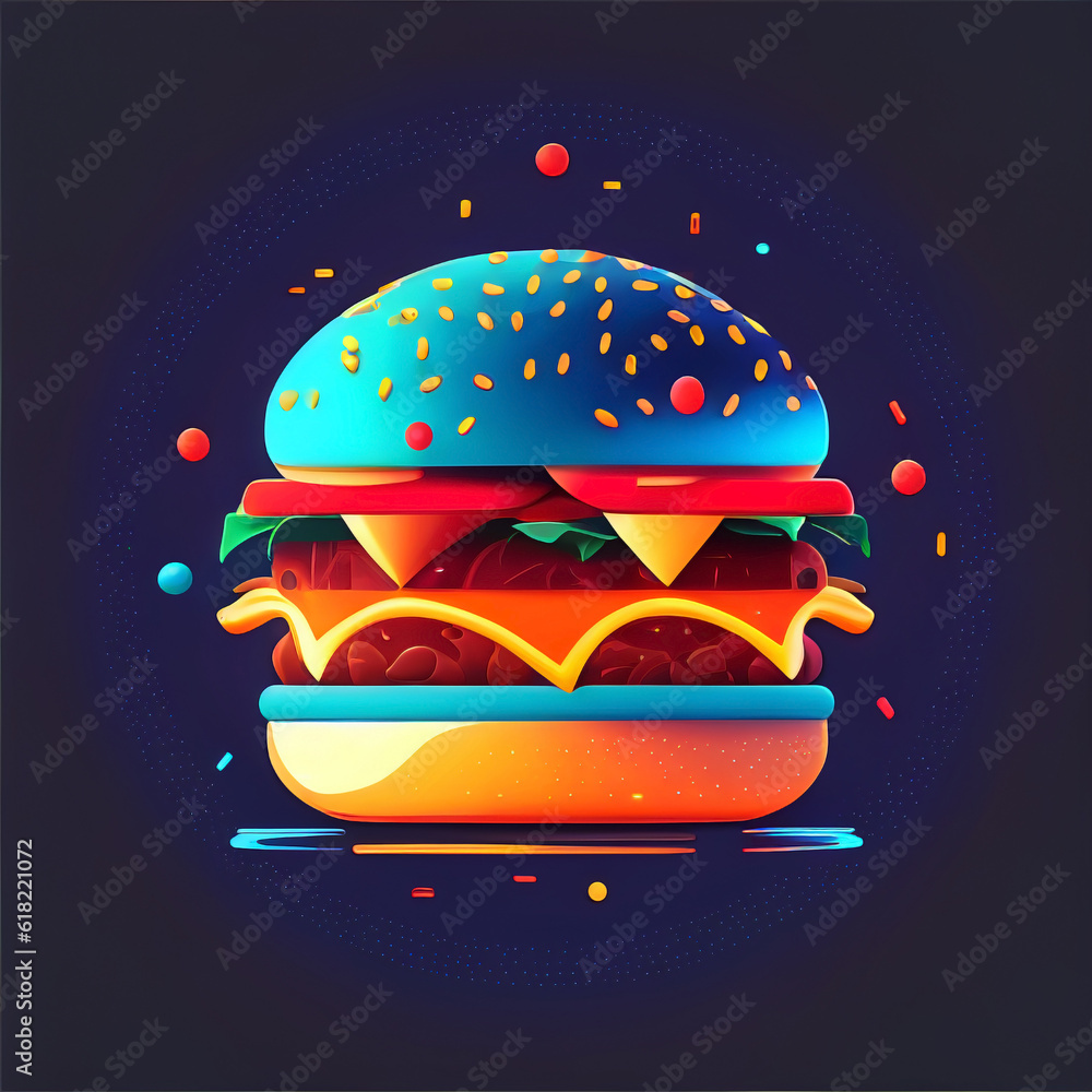 Tasty cheeseburger on a neon sign with colorful glowing lights. Very juicy fast food concept. Tasty cheeseburger on a neon sign with colorful glowing lights. Very juicy fast food concept.