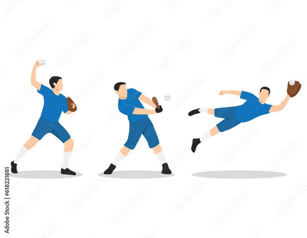 Set of baseball players isolated. Man with bat and glove athlete. Set of baseball players isolated. Man with bat and glove athlete.