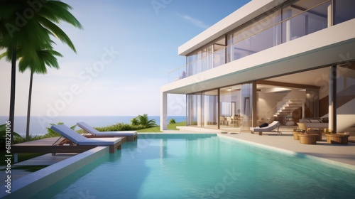 Luxury beach house with swimming pool,sun lougers and sea view in modern style.Concept for vacation real estate and property.3d rendering © Eli Berr