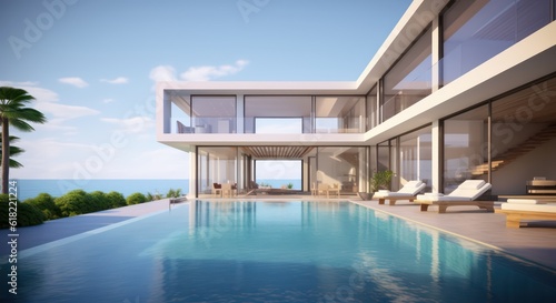 Luxury beach house with swimming pool,sun lougers and sea view in modern style.Concept for vacation real estate and property.3d rendering
