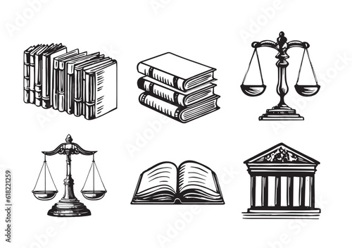 Law symbols set. Scales vector hand drawn.	
