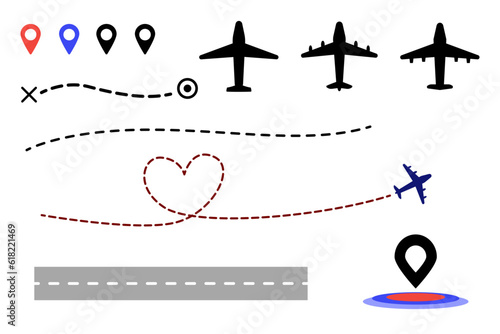 Set of graphic elements about travel. Collection of black airplane silhouettes. Set of route location indicators. Heart-shaped route line, takeoff trajectory, and route with origin and destination