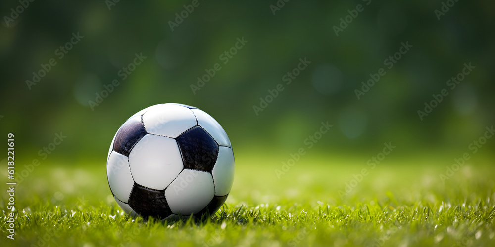 Fototapeta premium a soccer ball on the grass in front of a green background on lawn bokeh