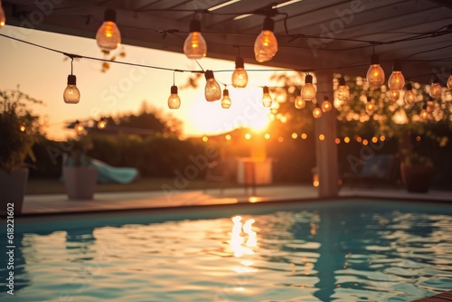 pool happy hour party chain light bulbs summer few flow AI Generated