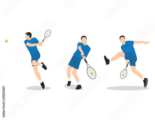Young man playing tennis on court set.