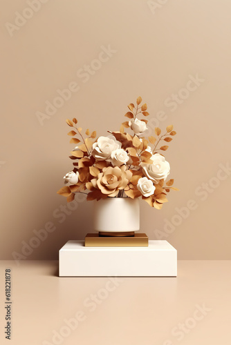 A white vase with a bunch of flowers in it. Monochromatic natural beige and golden color shades. Generative AI.