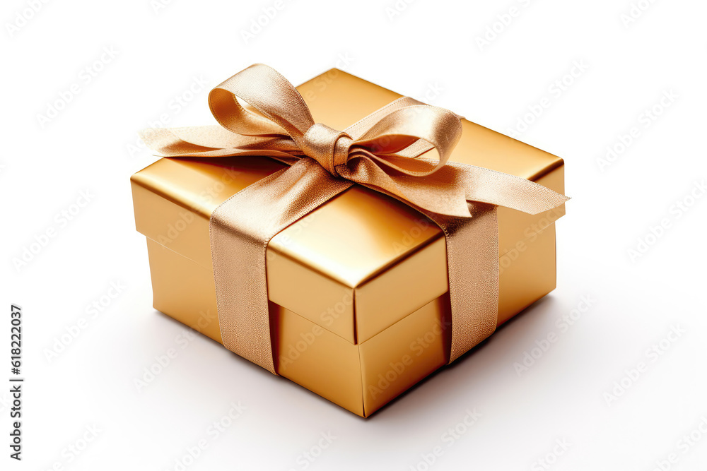 Gold Gift Box With Gold Ribbon On White Background. Generative AI Gold Gift Box With Gold Ribbon On White Background. Generative AI