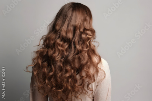 Long Brown Curly Hair , Rear View On White Background. Generative AI