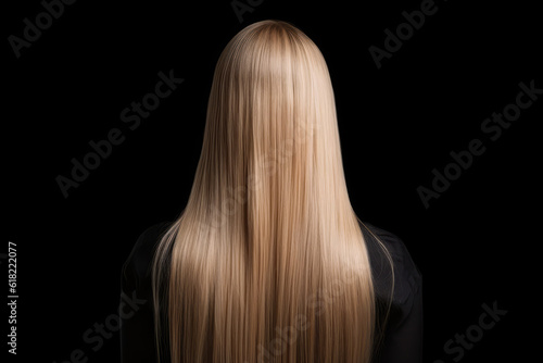 Long Blonde Straight Hair , Rear View On Black Background. Generative AI