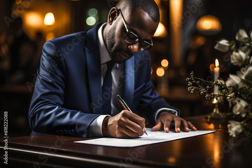 A man in a suit, businessman signing a document. Generative AI.