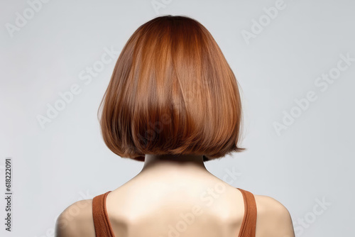 Short Brown Straight Hair , Rear View On White Background. Generative AI