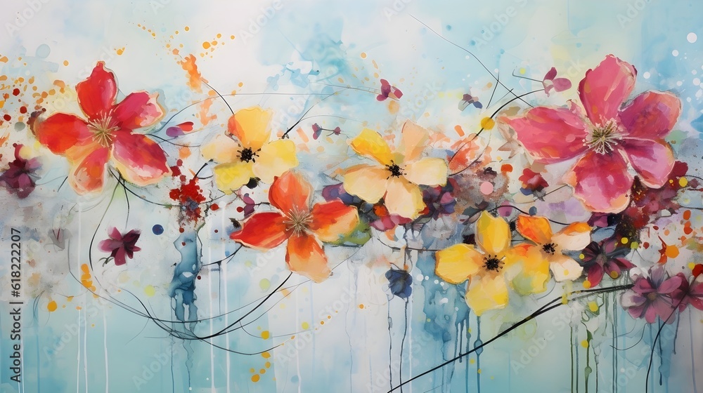 A contemporary mixed-media artwork combining hand-drawn flowers with vibrant acrylic paint splatters. (Generative AI)