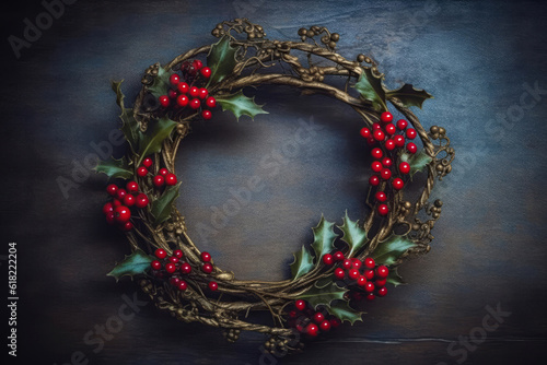 Wreath Of Holly And Berries Capturing The Spirit Of The Holiday Season. Generative AI