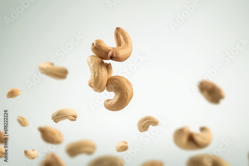 Cashew Flying On White Background, Floating In The Air. Generative AI