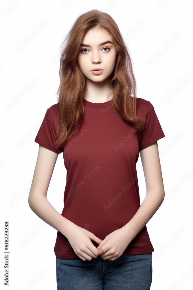 Fototapeta premium Burgundy t-shirt mockup for teens and young adults. AI generative model wearing blank tshirt with space for your design, lettering or logo.