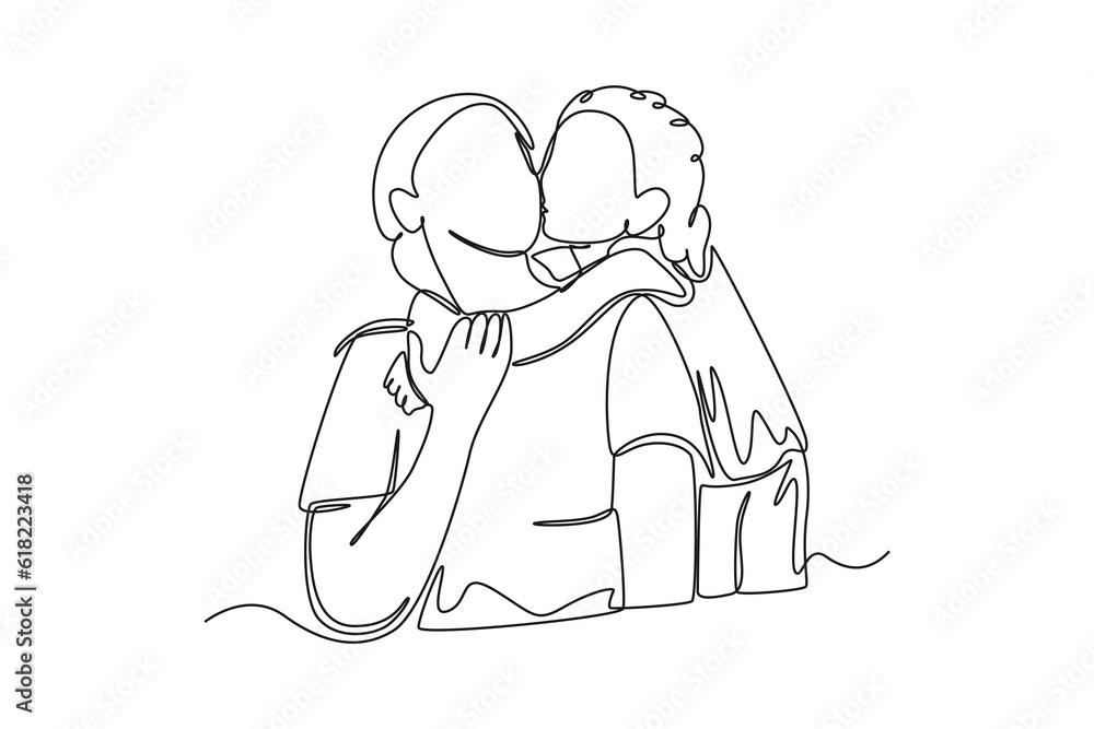 Single one line drawing little girl kisses her mother. Continuous line draw design graphic vector illustration. Single one line drawing little girl kisses her mother. Continuous line draw design graphic vector illustration.