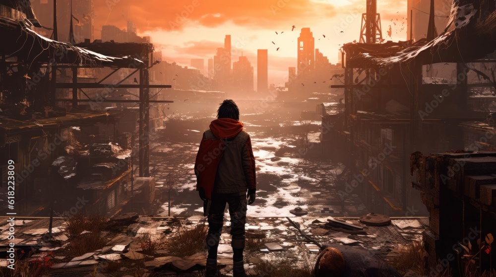 Game art piece that captures a significant moment in the middle of a hero's journey through a post - apocalyptic world. The protagonist, a resilient survivor, stands at the threshold of a crumbling Game art piece that captures a significant moment in the middle of a hero's journey through a post - apocalyptic world. The protagonist, a resilient survivor, stands at the threshold of a crumbling