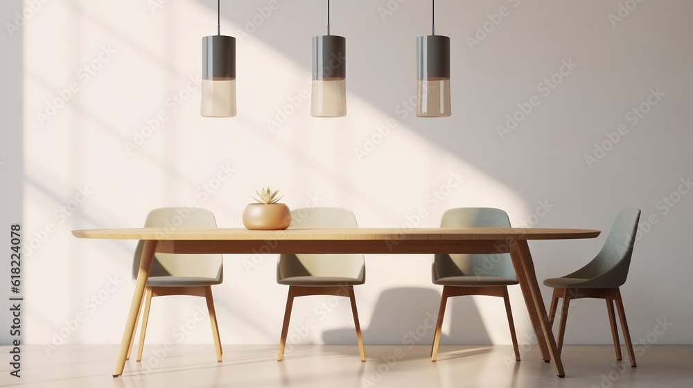 Modern dining room interior minimal style.Chairs,table,glass vase and ceiling lamp with sunlight on white wall background.3d rendering Modern dining room interior minimal style.Chairs,table,glass vase and ceiling lamp with sunlight on white wall background.3d rendering