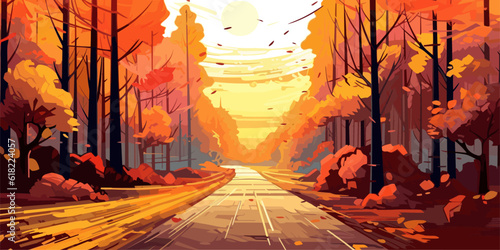 Autumn forest landscape, flat colors poster. Travel and adventure. Vector illustration