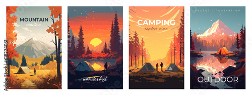 Mountain adventure and travel, flat colors vertical poster. Camping and hiking. Vector illustration